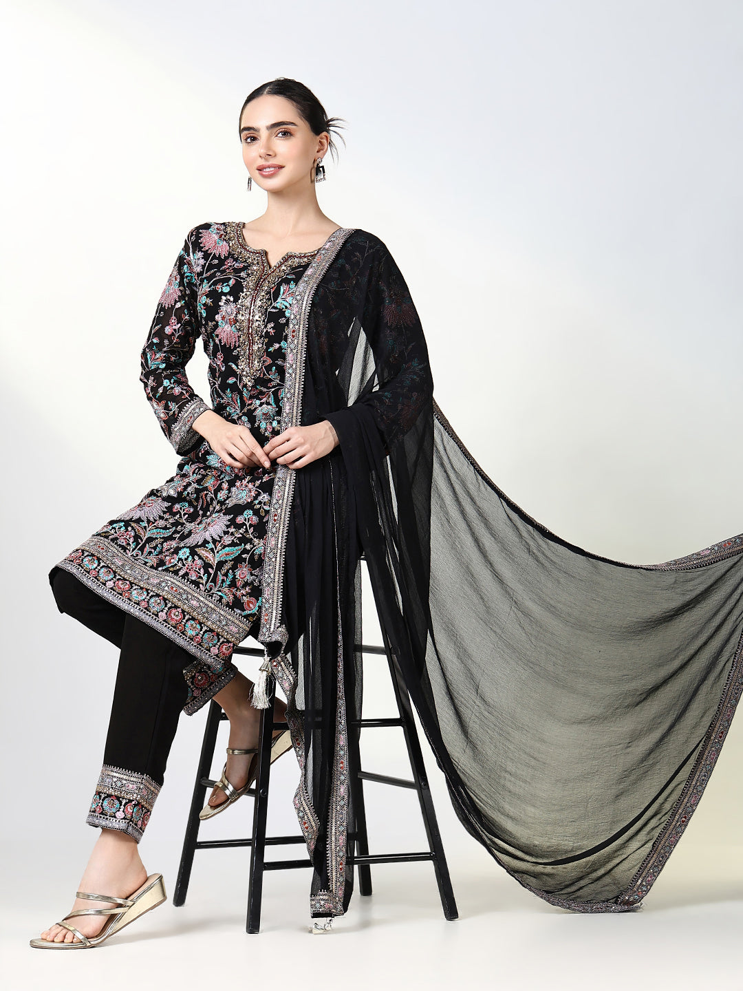 Women Embroidered Black Kurta Set with Dupatta