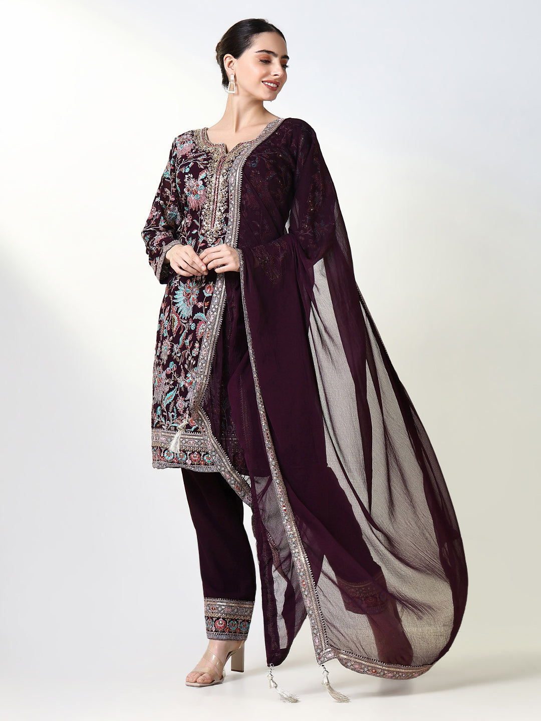 Women Embroidered Purple Kurta Set with Dupatta