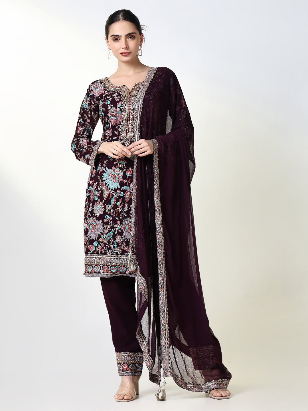 Women Embroidered Purple Kurta Set with Dupatta