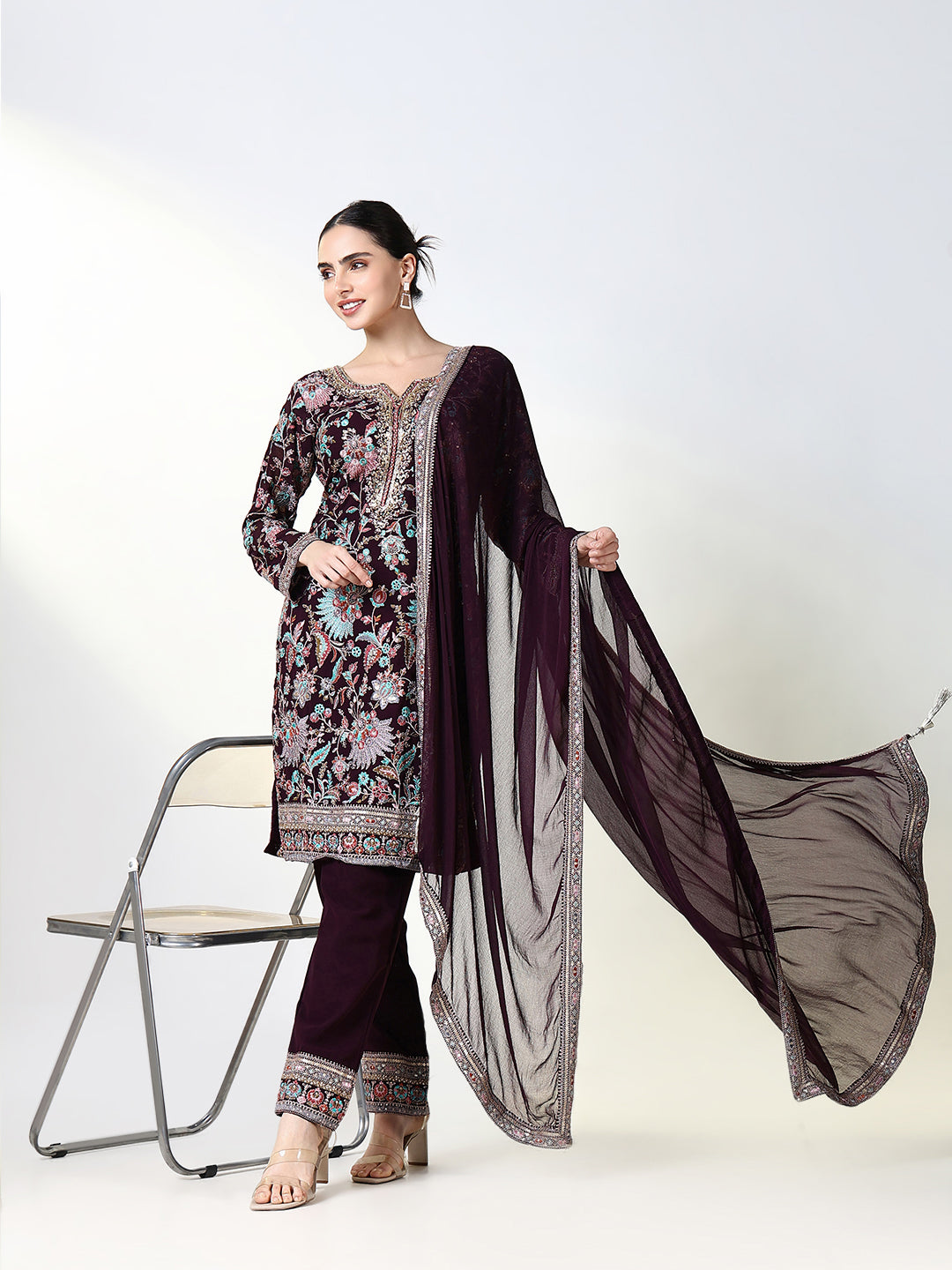 Women Embroidered Purple Kurta Set with Dupatta