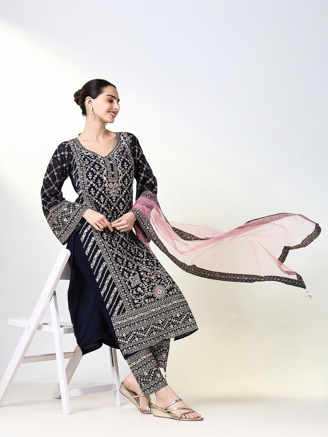 Women Embroidered Navy Blue Kurta Set with Dupatta