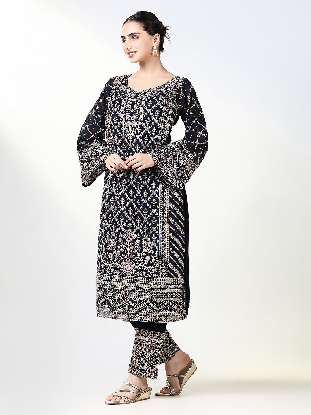 Women Embroidered Navy Blue Kurta Set with Dupatta