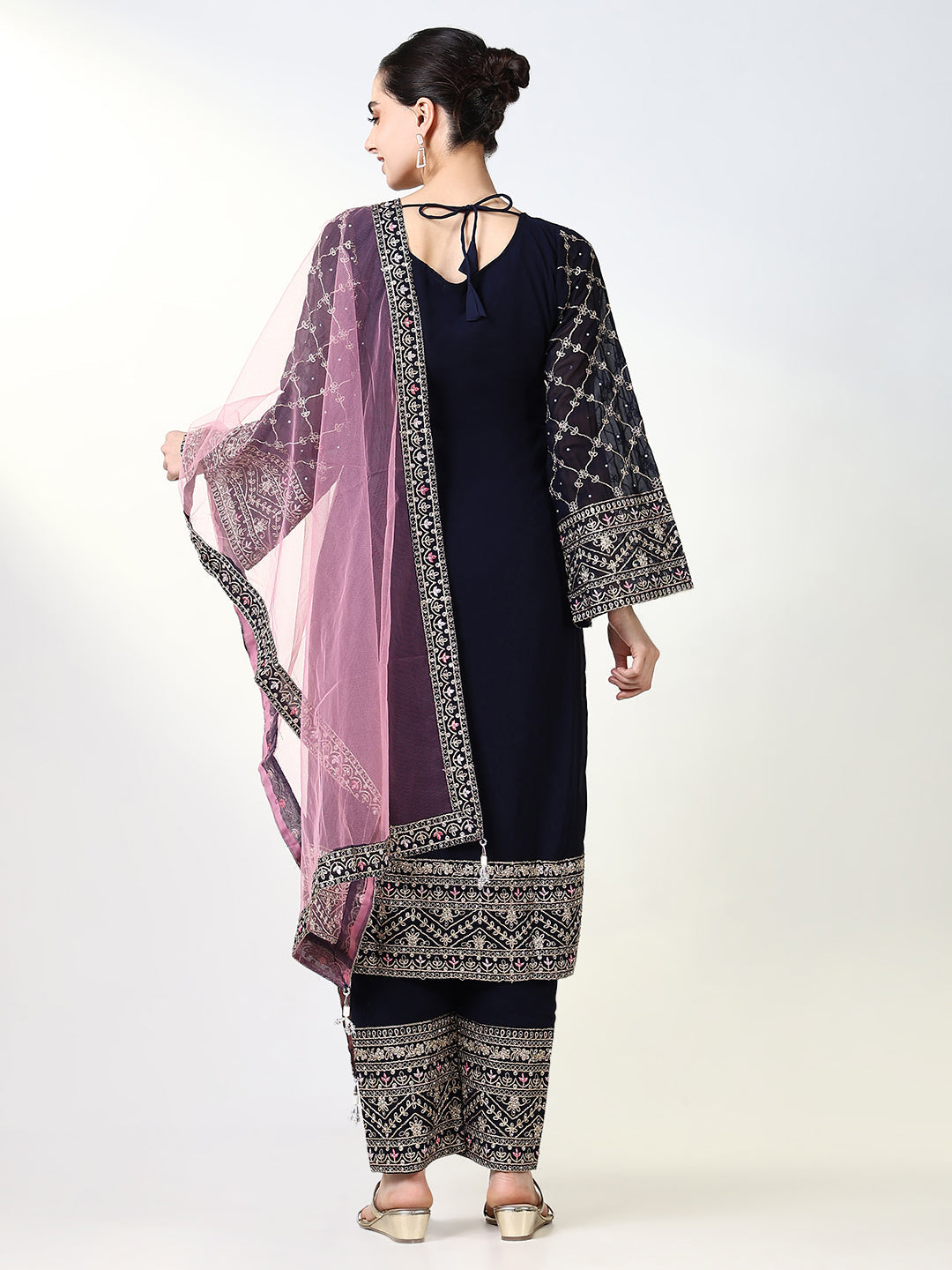 Women Embroidered Navy Blue Kurta Set with Dupatta