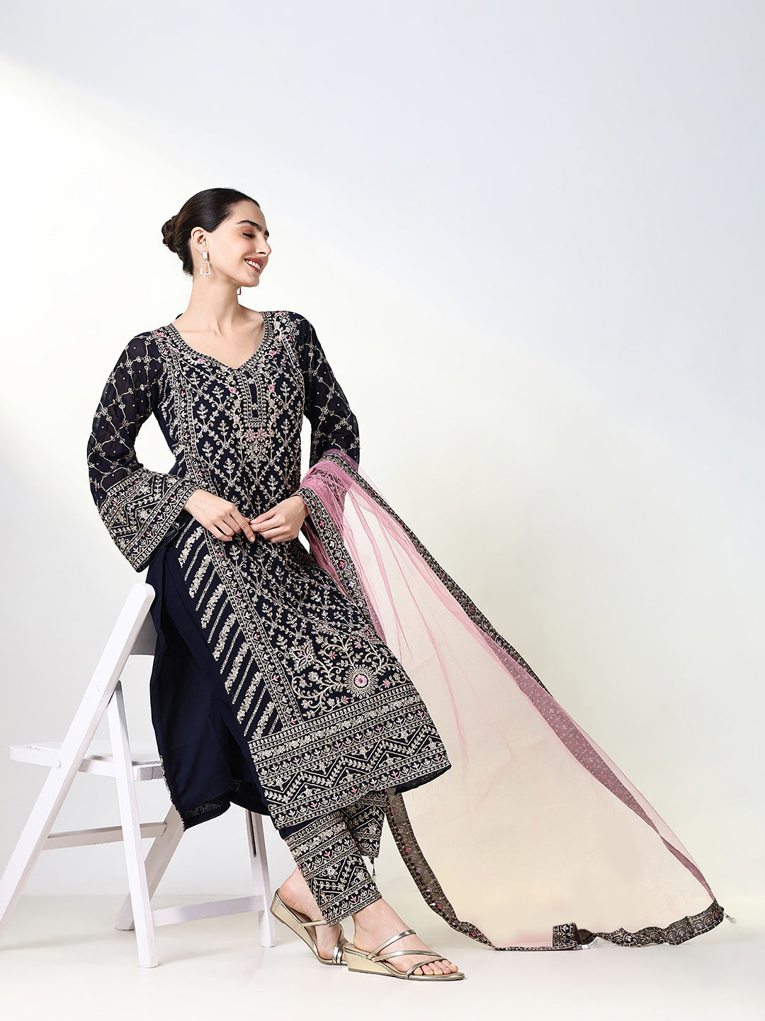 Women Embroidered Navy Blue Kurta Set with Dupatta