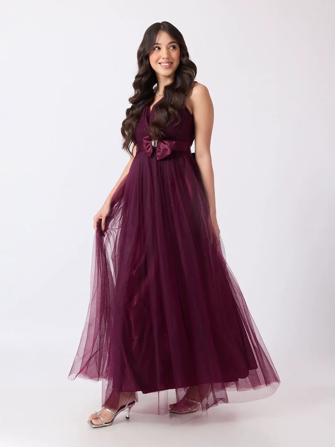 Women's Maroon Fit & Flare Sleeveless V Neck Pleated Maxi Gown with Bow Embellished Waist