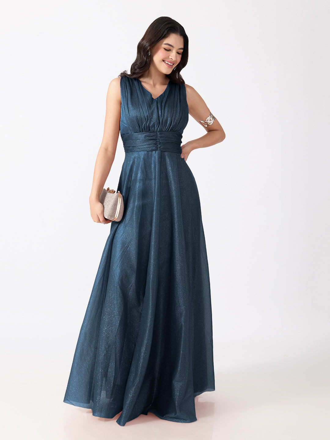Women's Embellished Blue Sleeveless V-Neck Gown with Ruched Waist, Smocked Back & Tie-Up Waist