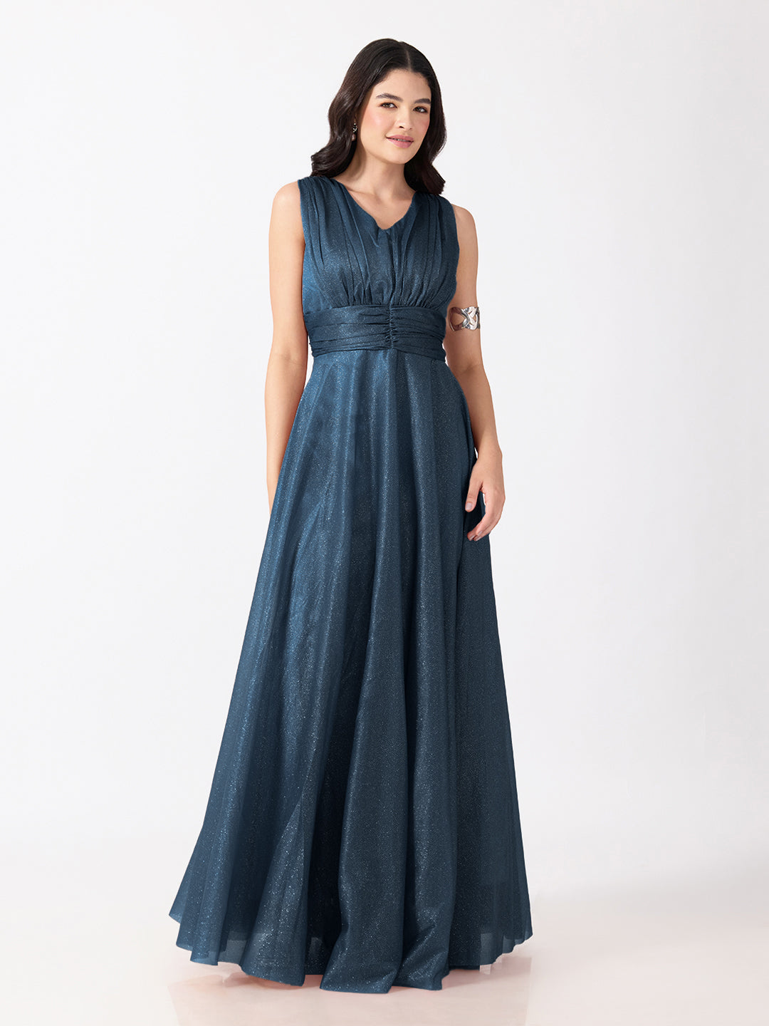 Women's Embellished Blue Sleeveless V-Neck Gown with Ruched Waist, Smocked Back & Tie-Up Waist