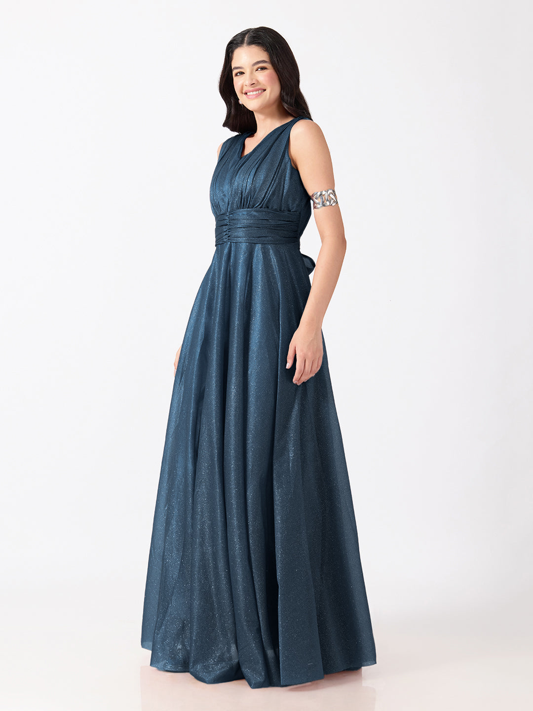 Women's Embellished Blue Sleeveless V-Neck Gown with Ruched Waist, Smocked Back & Tie-Up Waist
