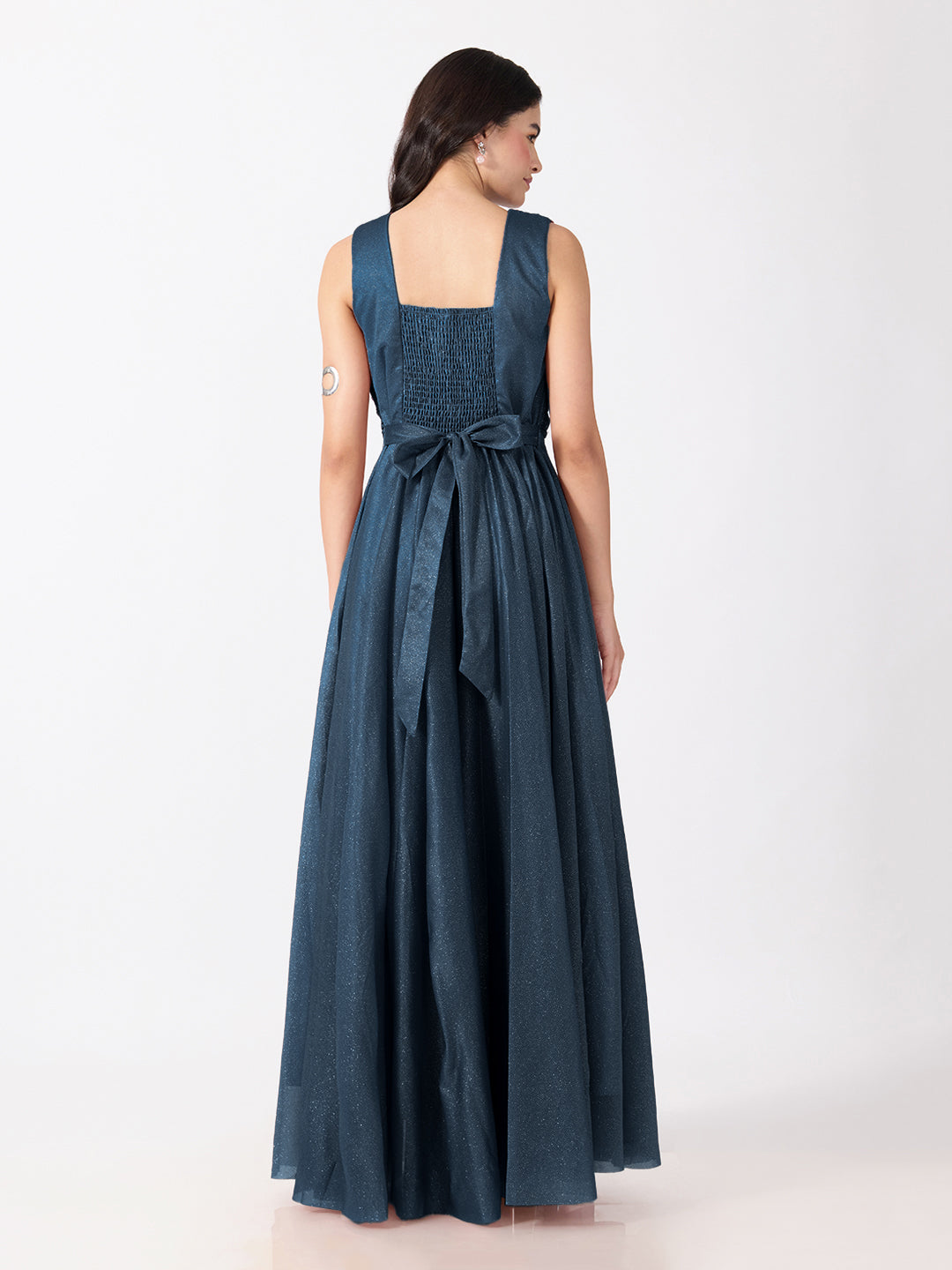 Women's Embellished Blue Sleeveless V-Neck Gown with Ruched Waist, Smocked Back & Tie-Up Waist