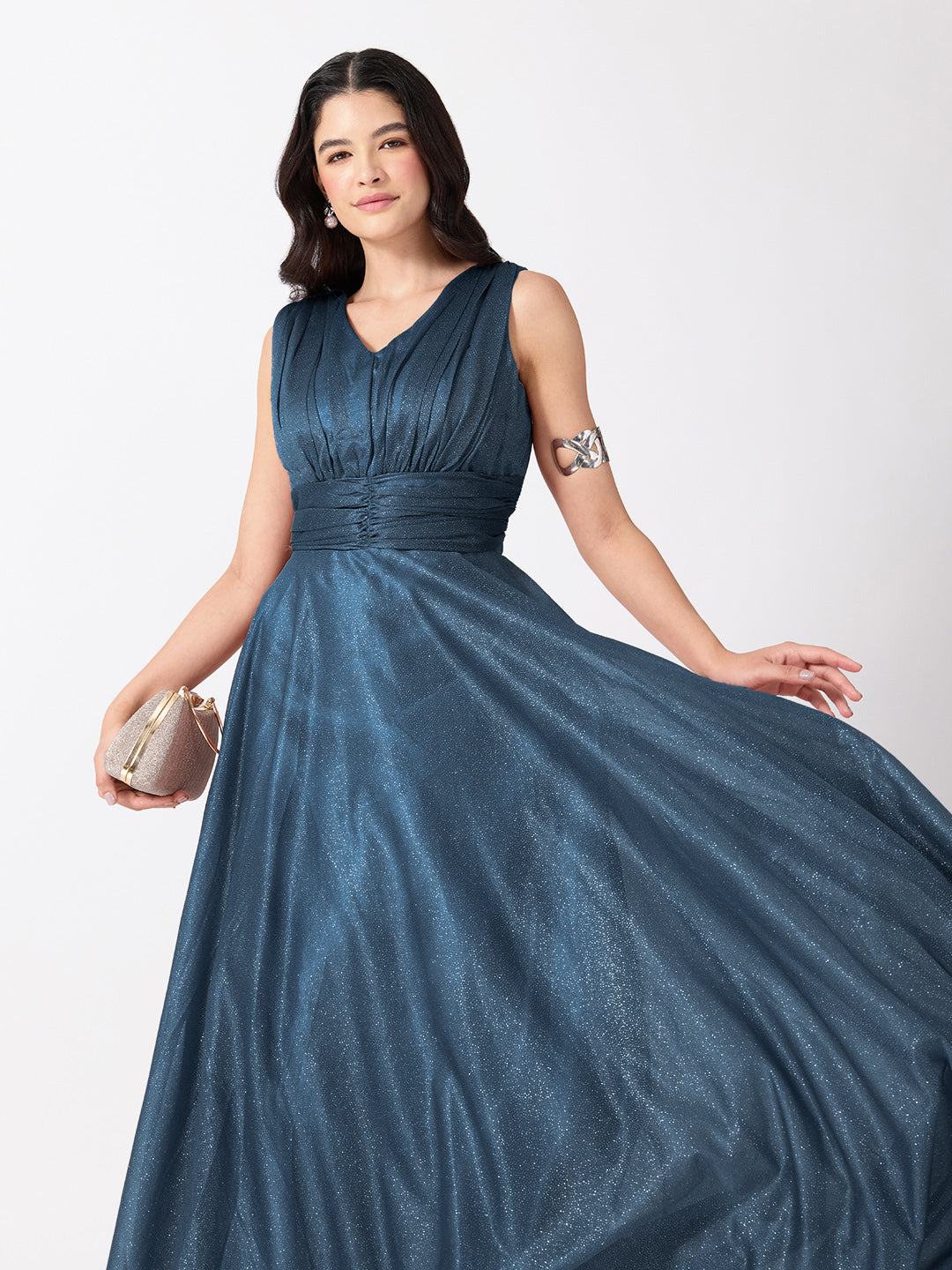 Women's Embellished Blue Sleeveless V-Neck Gown with Ruched Waist, Smocked Back & Tie-Up Waist