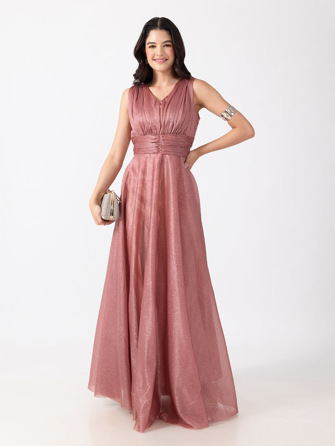 Women's Embellished Pink Sleeveless V-Neck Gown with Ruched Waist, Smocked Back & Tie-Up Waist