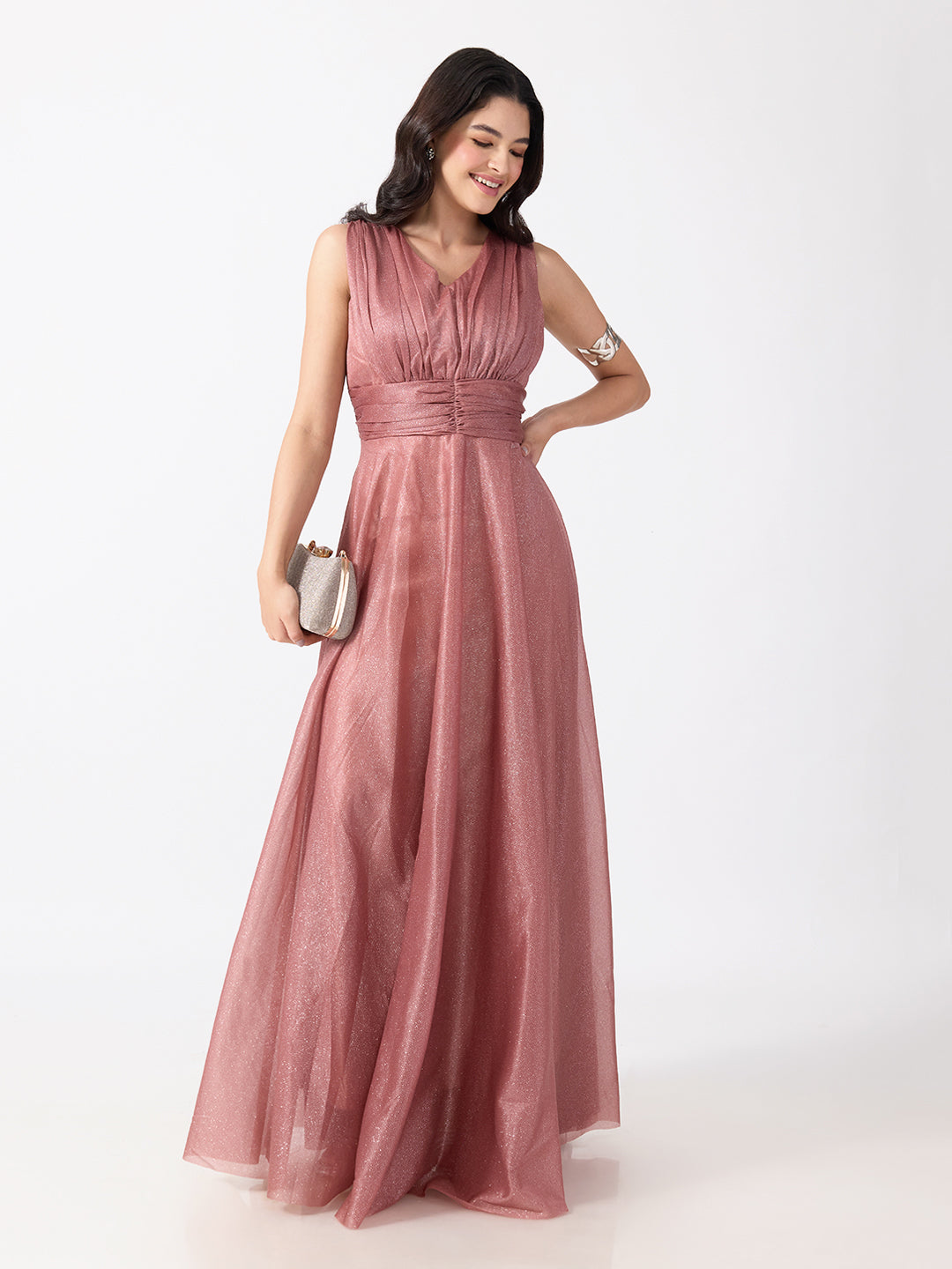 Women's Embellished Pink Sleeveless V-Neck Gown with Ruched Waist, Smocked Back & Tie-Up Waist