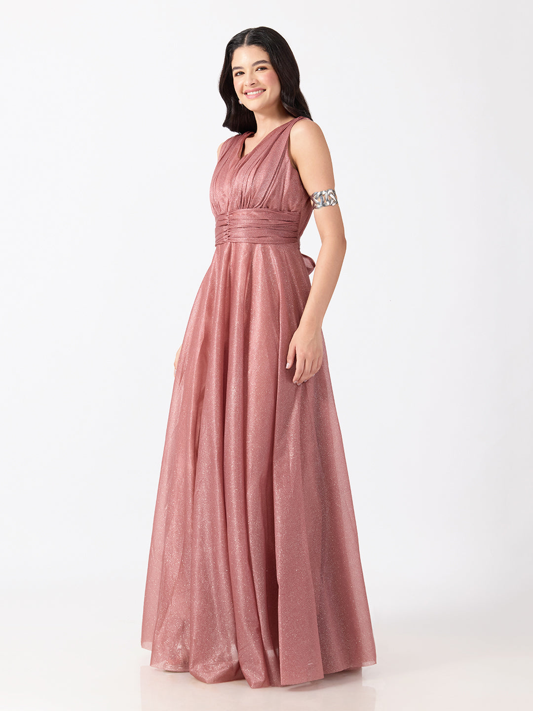 Women's Embellished Pink Sleeveless V-Neck Gown with Ruched Waist, Smocked Back & Tie-Up Waist