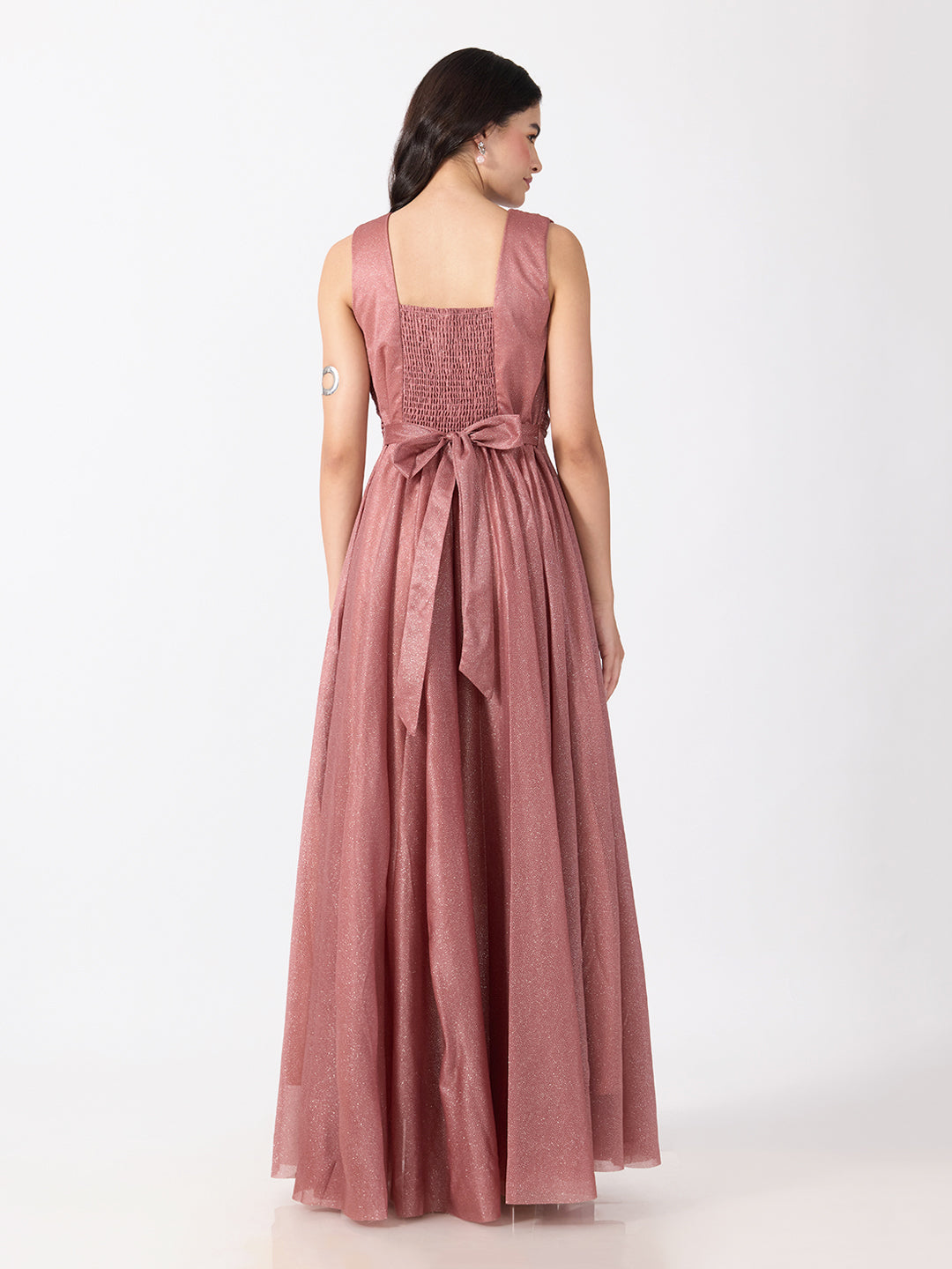 Women's Embellished Pink Sleeveless V-Neck Gown with Ruched Waist, Smocked Back & Tie-Up Waist