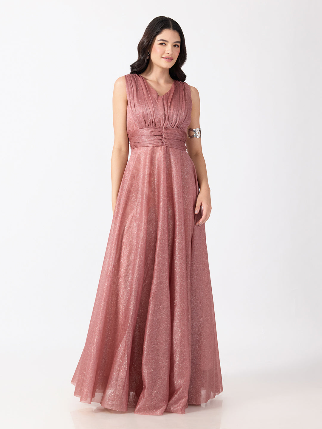 Women's Embellished Pink Sleeveless V-Neck Gown with Ruched Waist, Smocked Back & Tie-Up Waist