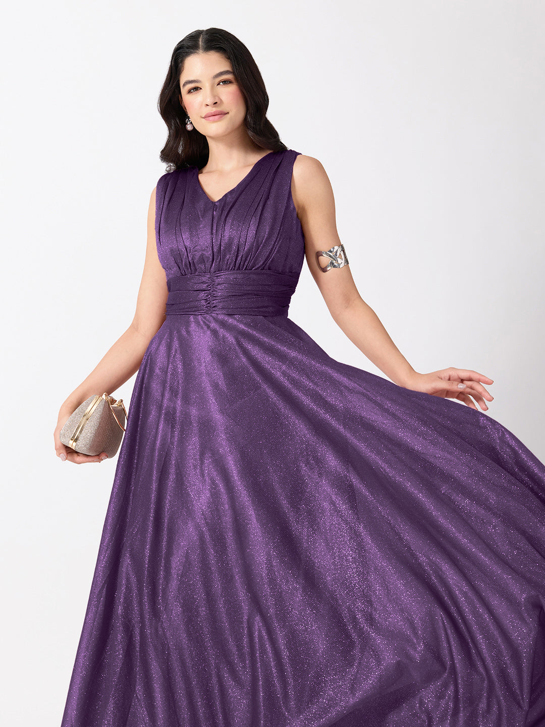 Women's Embellished Purple Sleeveless V-Neck Gown with Ruched Waist, Smocked Back & Tie-Up Waist