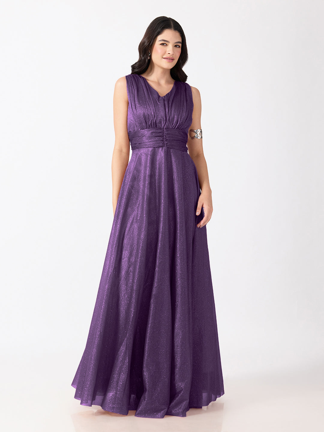 Women's Embellished Purple Sleeveless V-Neck Gown with Ruched Waist, Smocked Back & Tie-Up Waist