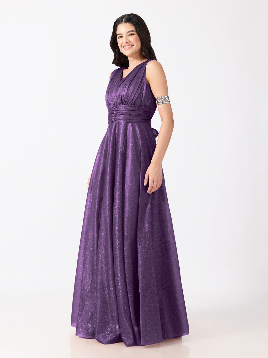 Women's Embellished Purple Sleeveless V-Neck Gown with Ruched Waist, Smocked Back & Tie-Up Waist