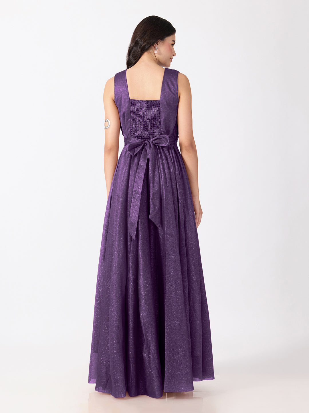 Women's Embellished Purple Sleeveless V-Neck Gown with Ruched Waist, Smocked Back & Tie-Up Waist
