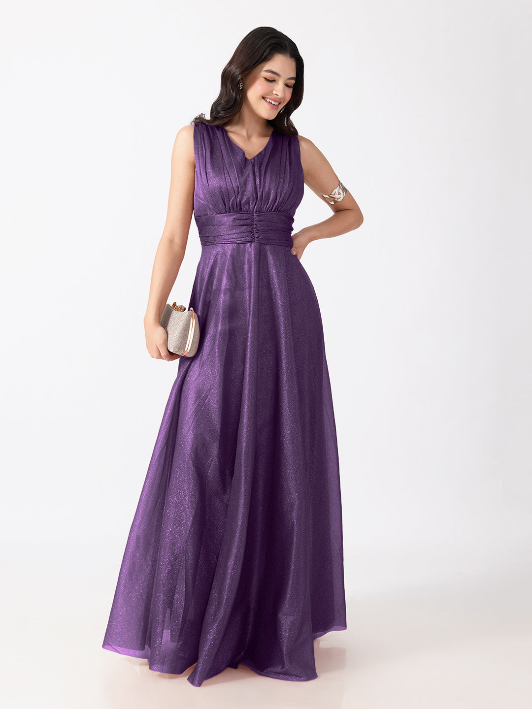 Women's Embellished Purple Sleeveless V-Neck Gown with Ruched Waist, Smocked Back & Tie-Up Waist