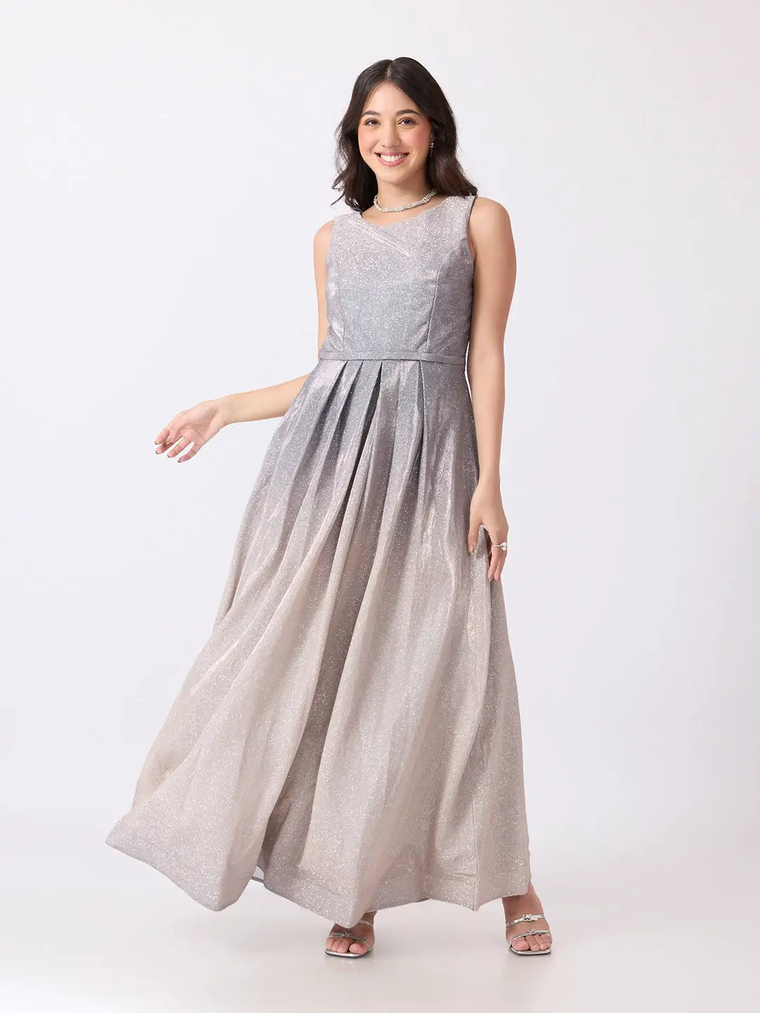 Women's Grey Ombre Sleeveless Fit & Flare Maxi Gown