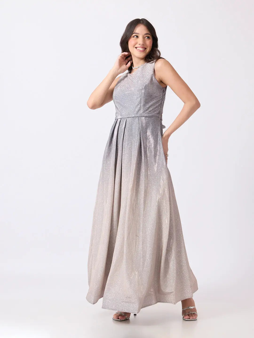 Women's Grey Ombre Sleeveless Fit & Flare Maxi Gown
