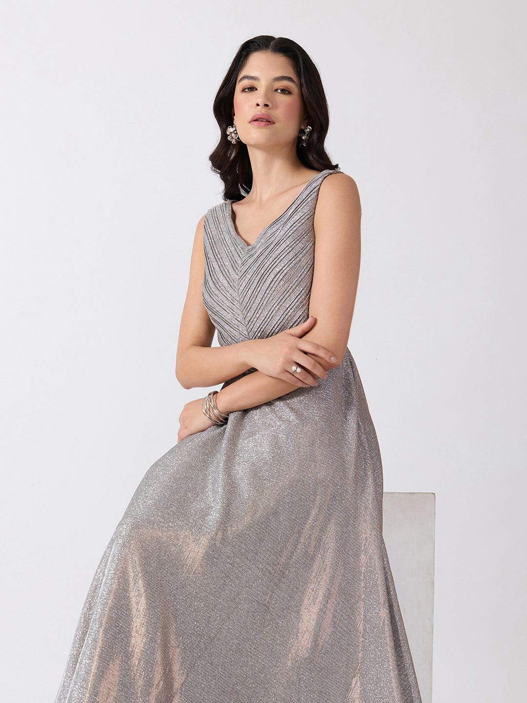 Women's Embellished Grey V-Neck Sleeveless Gown with Smocked Back & Tie-Up Waist