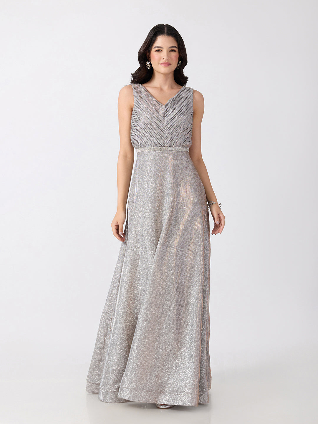 Women's Embellished Grey V-Neck Sleeveless Gown with Smocked Back & Tie-Up Waist