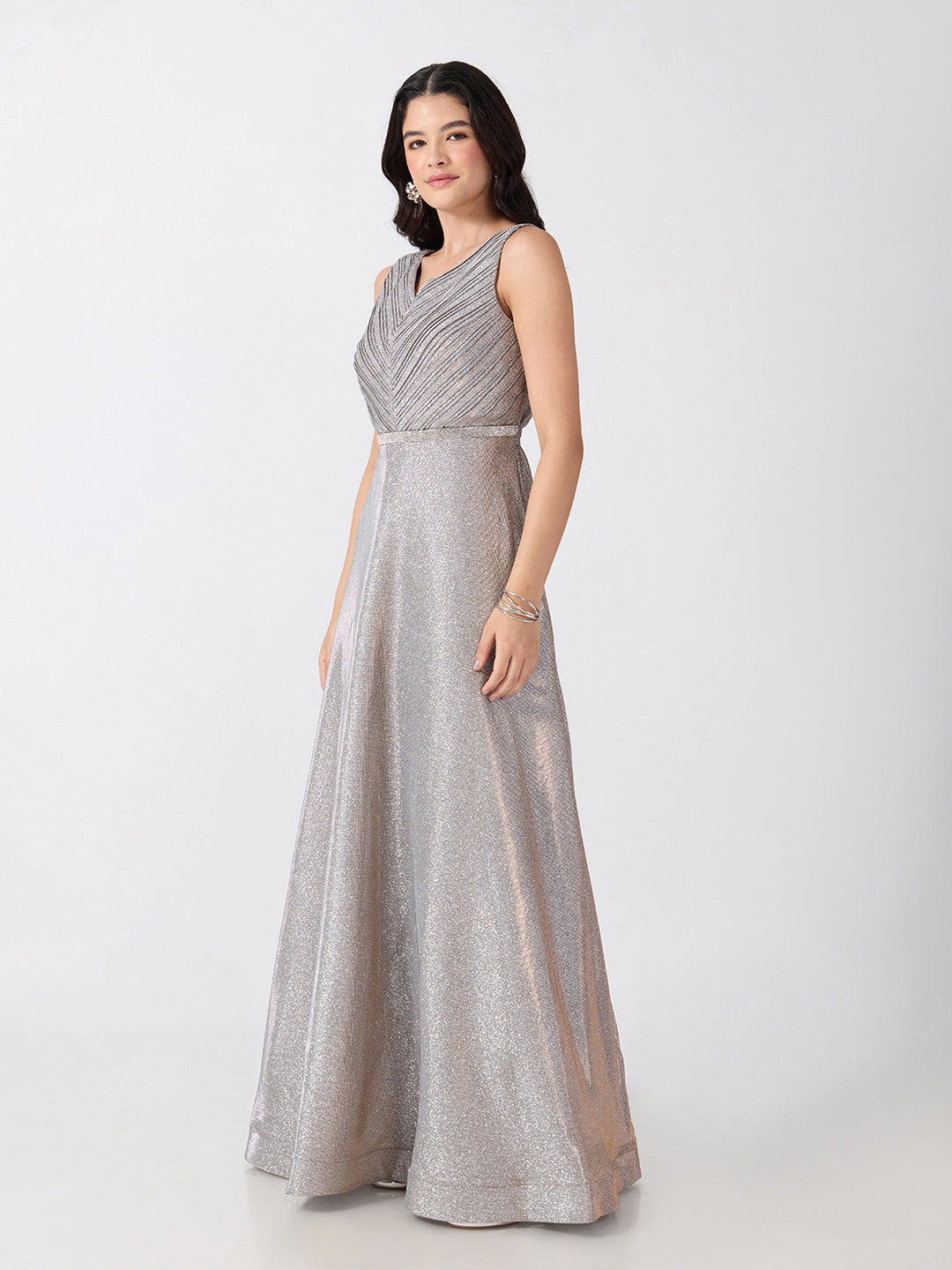 Women's Embellished Grey V-Neck Sleeveless Gown with Smocked Back & Tie-Up Waist