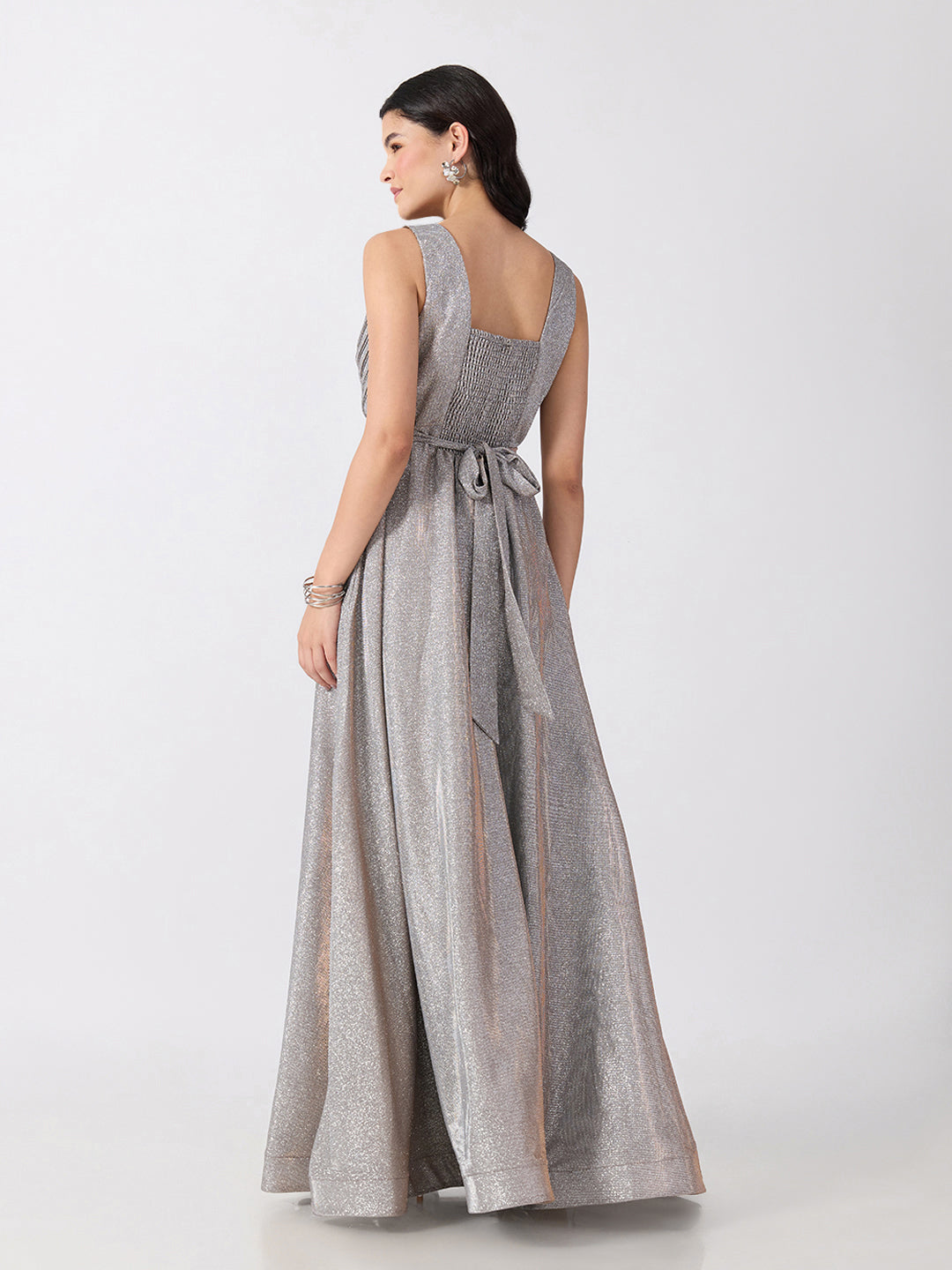 Women's Embellished Grey V-Neck Sleeveless Gown with Smocked Back & Tie-Up Waist