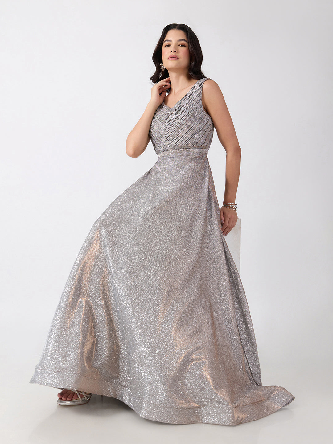 Women's Embellished Grey V-Neck Sleeveless Gown with Smocked Back & Tie-Up Waist