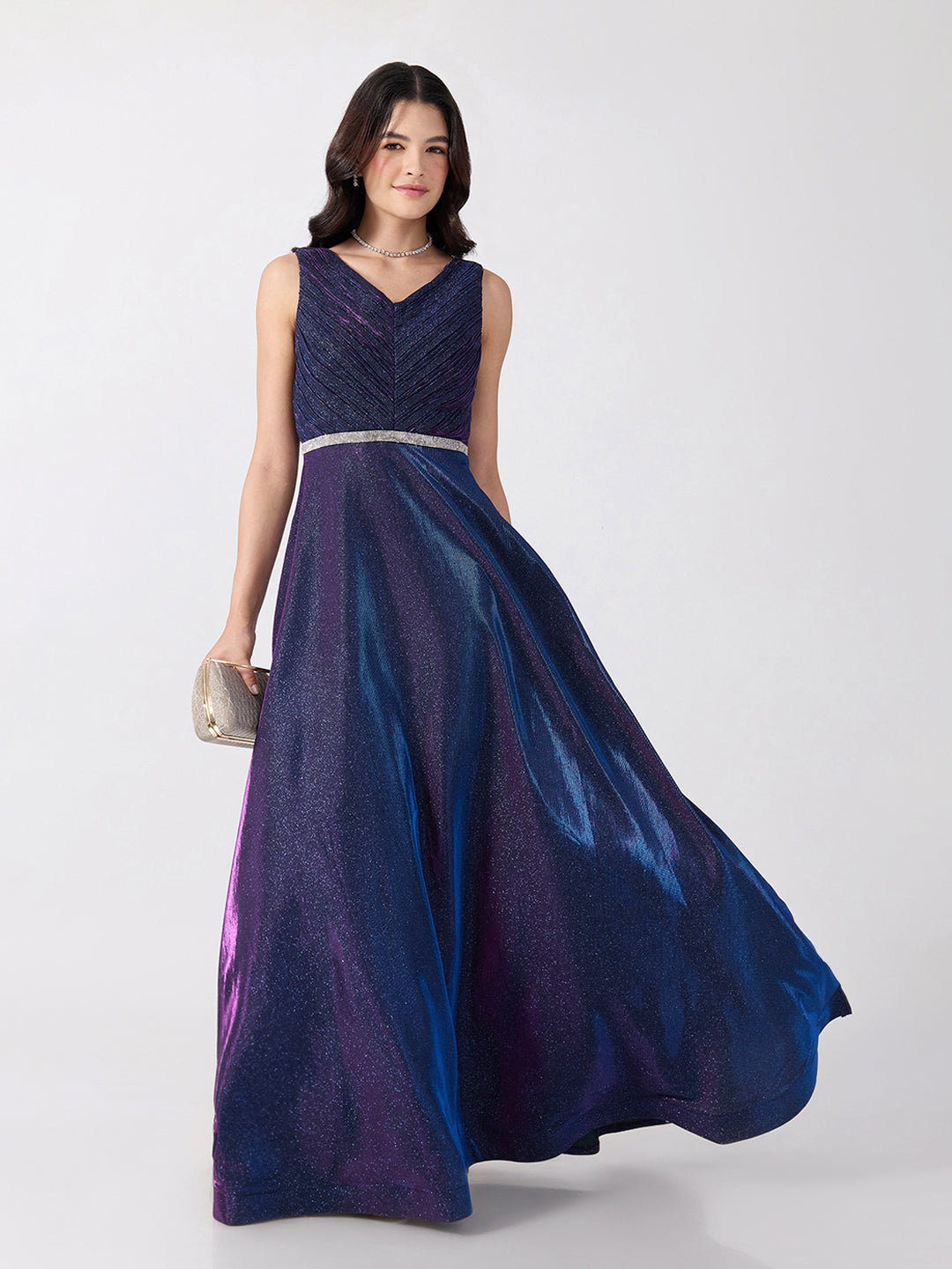 Women's Embellished Purple V-Neck Sleeveless Gown with Smocked Back & Tie-Up Waist