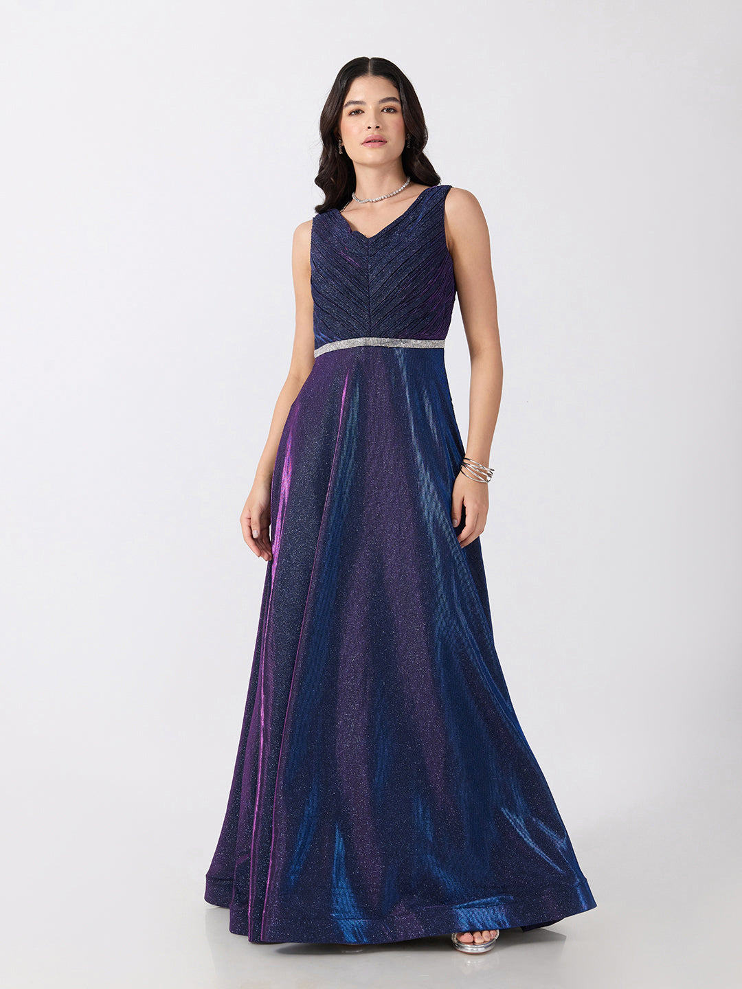 Women's Embellished Purple V-Neck Sleeveless Gown with Smocked Back & Tie-Up Waist