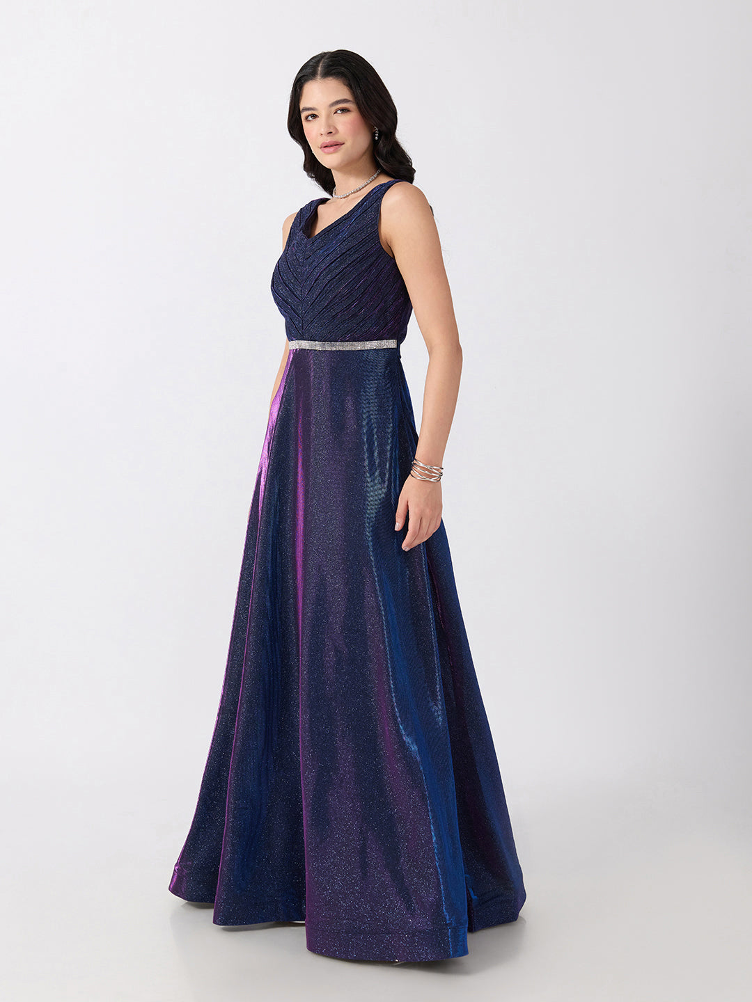 Women's Embellished Purple V-Neck Sleeveless Gown with Smocked Back & Tie-Up Waist
