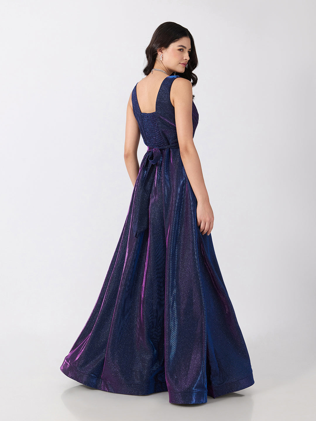 Women's Embellished Purple V-Neck Sleeveless Gown with Smocked Back & Tie-Up Waist
