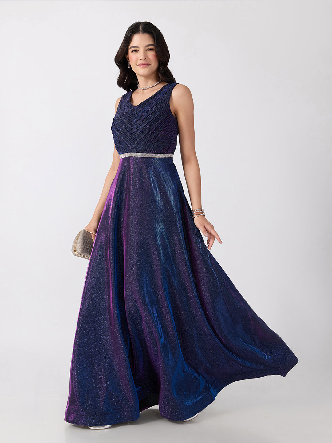 Women's Embellished Purple V-Neck Sleeveless Gown with Smocked Back & Tie-Up Waist