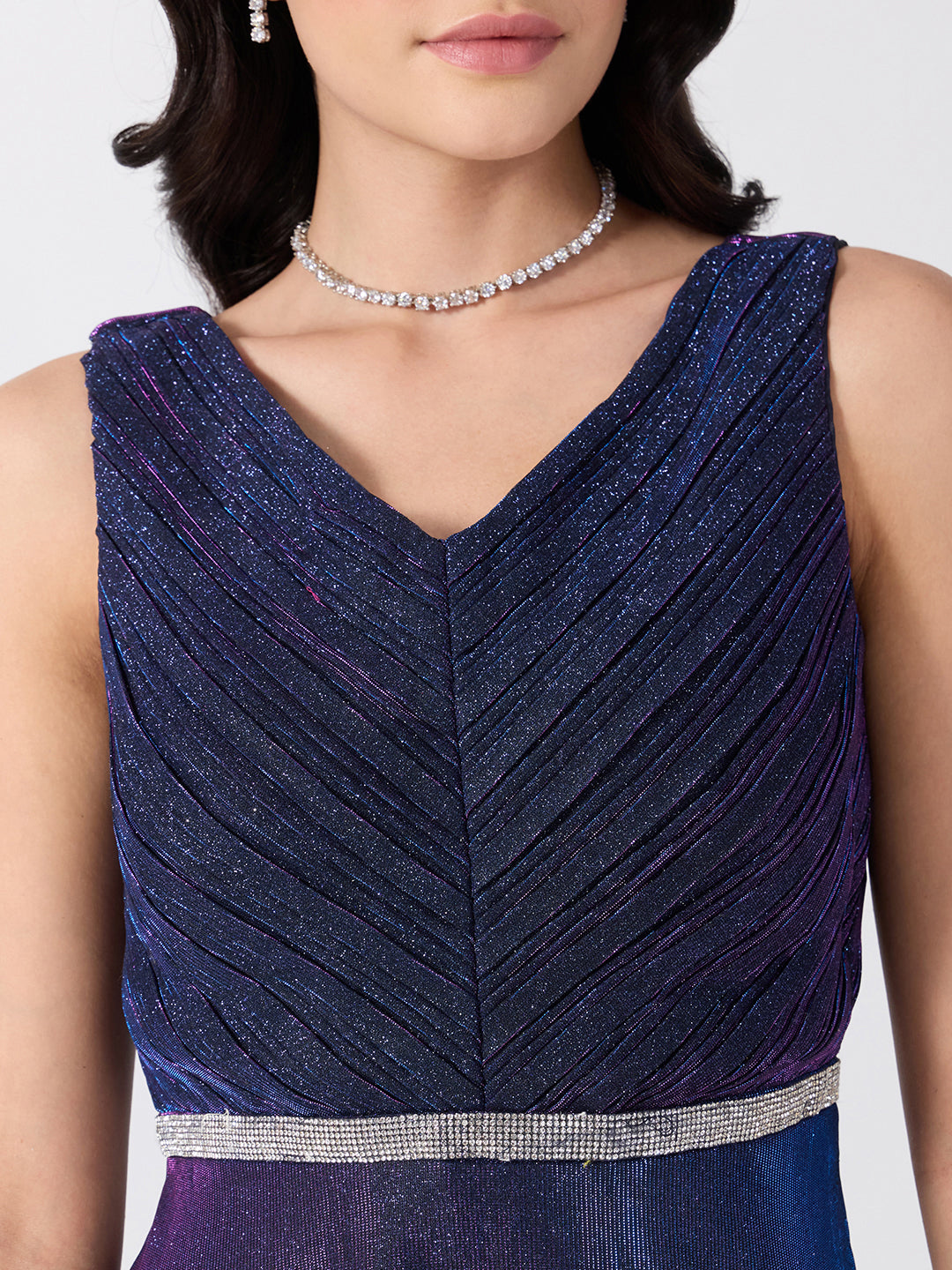 Women's Embellished Purple V-Neck Sleeveless Gown with Smocked Back & Tie-Up Waist