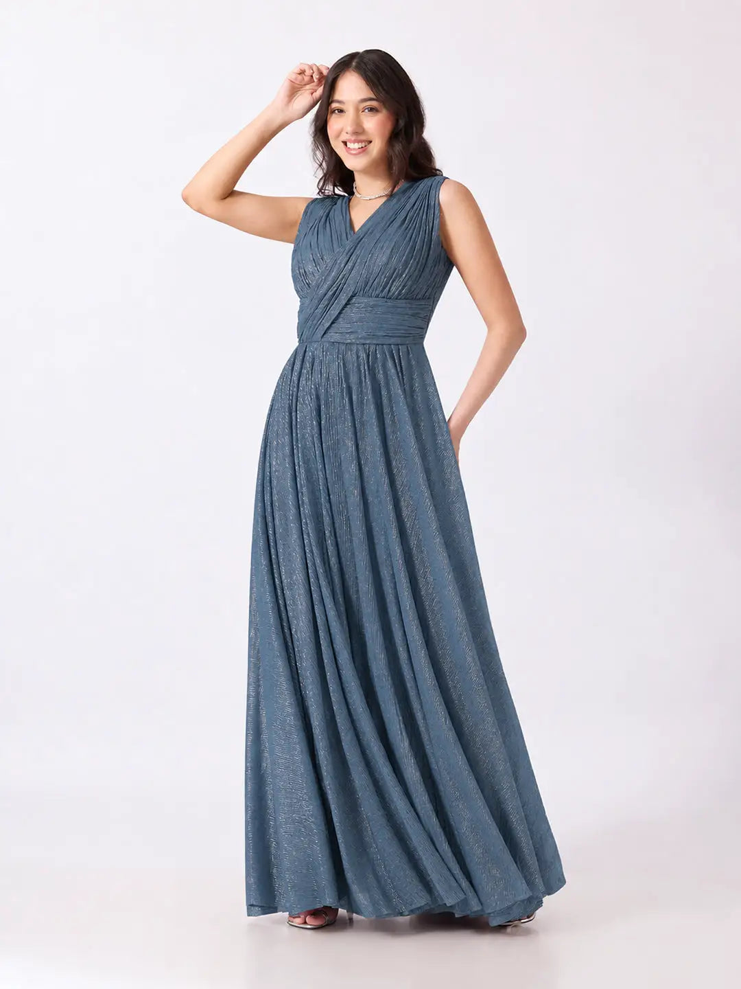 Women's Blue Pleated V Neck Sleeveless Maxi Gown with Draped Bodice