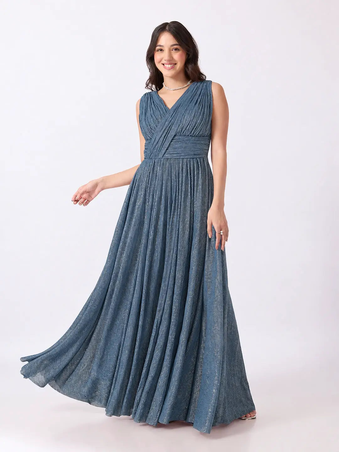 Women's Blue Pleated V Neck Sleeveless Maxi Gown with Draped Bodice
