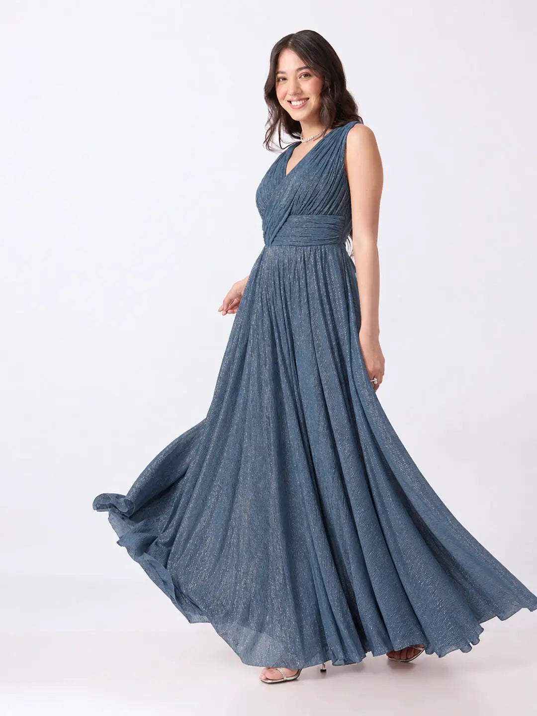 Women's Blue Pleated V Neck Sleeveless Maxi Gown with Draped Bodice