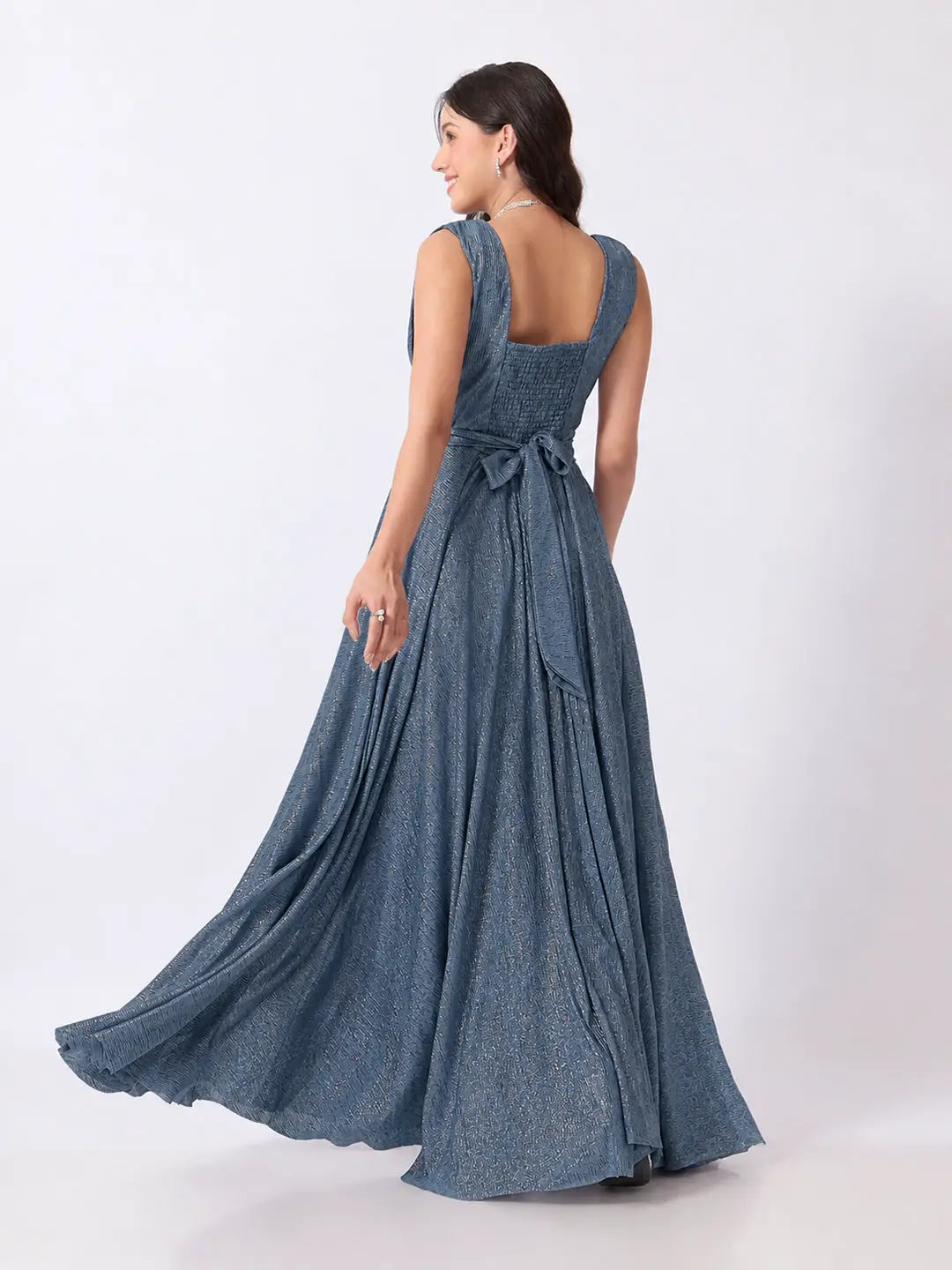 Women's Blue Pleated V Neck Sleeveless Maxi Gown with Draped Bodice