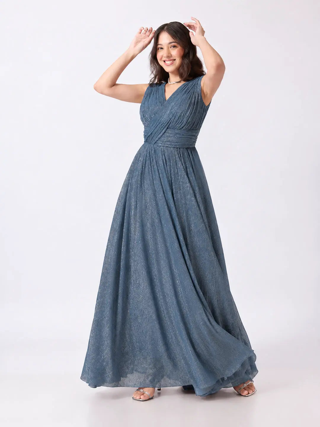 Women's Blue Pleated V Neck Sleeveless Maxi Gown with Draped Bodice