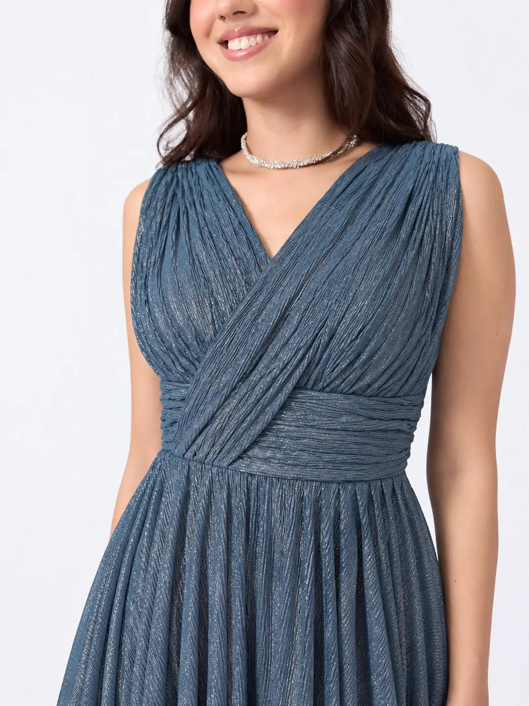 Women's Blue Pleated V Neck Sleeveless Maxi Gown with Draped Bodice