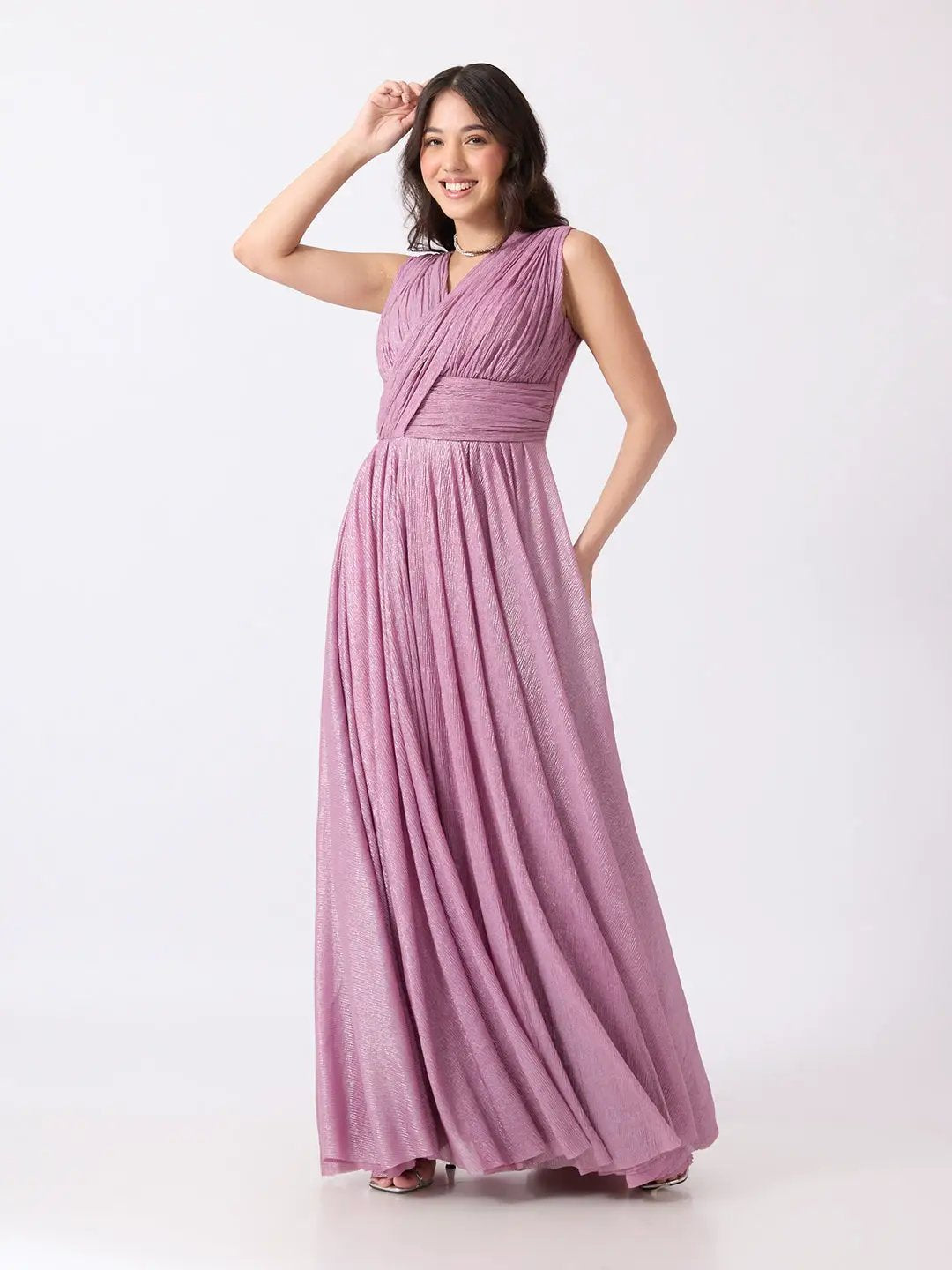 Women's Pink Pleated V Neck Sleeveless Maxi Gown with Draped Bodice & Wide Waistband