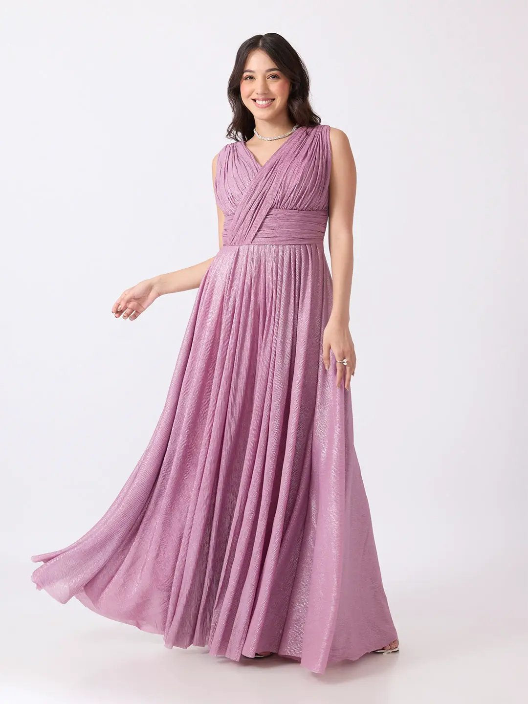 Women's Pink Pleated V Neck Sleeveless Maxi Gown with Draped Bodice & Wide Waistband