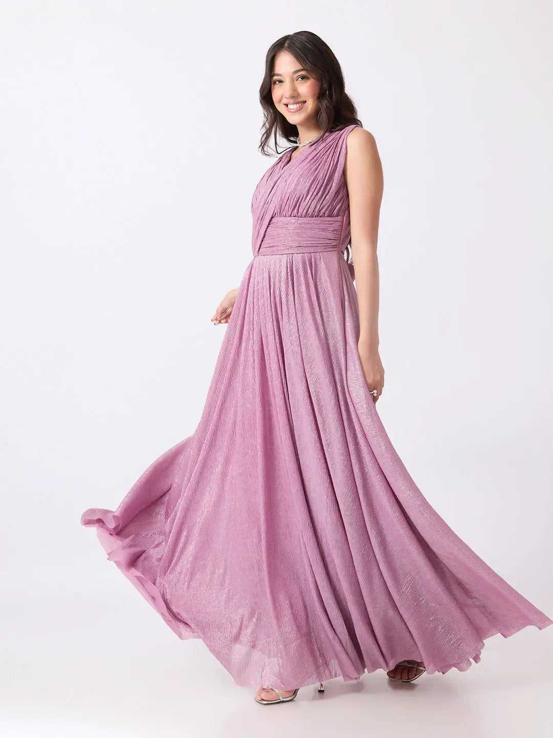 Women's Pink Pleated V Neck Sleeveless Maxi Gown with Draped Bodice & Wide Waistband