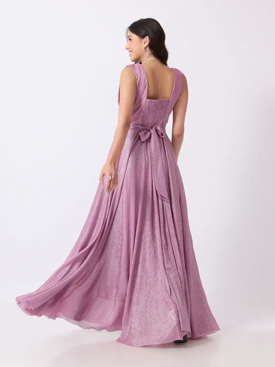 Women's Pink Pleated V Neck Sleeveless Maxi Gown with Draped Bodice & Wide Waistband