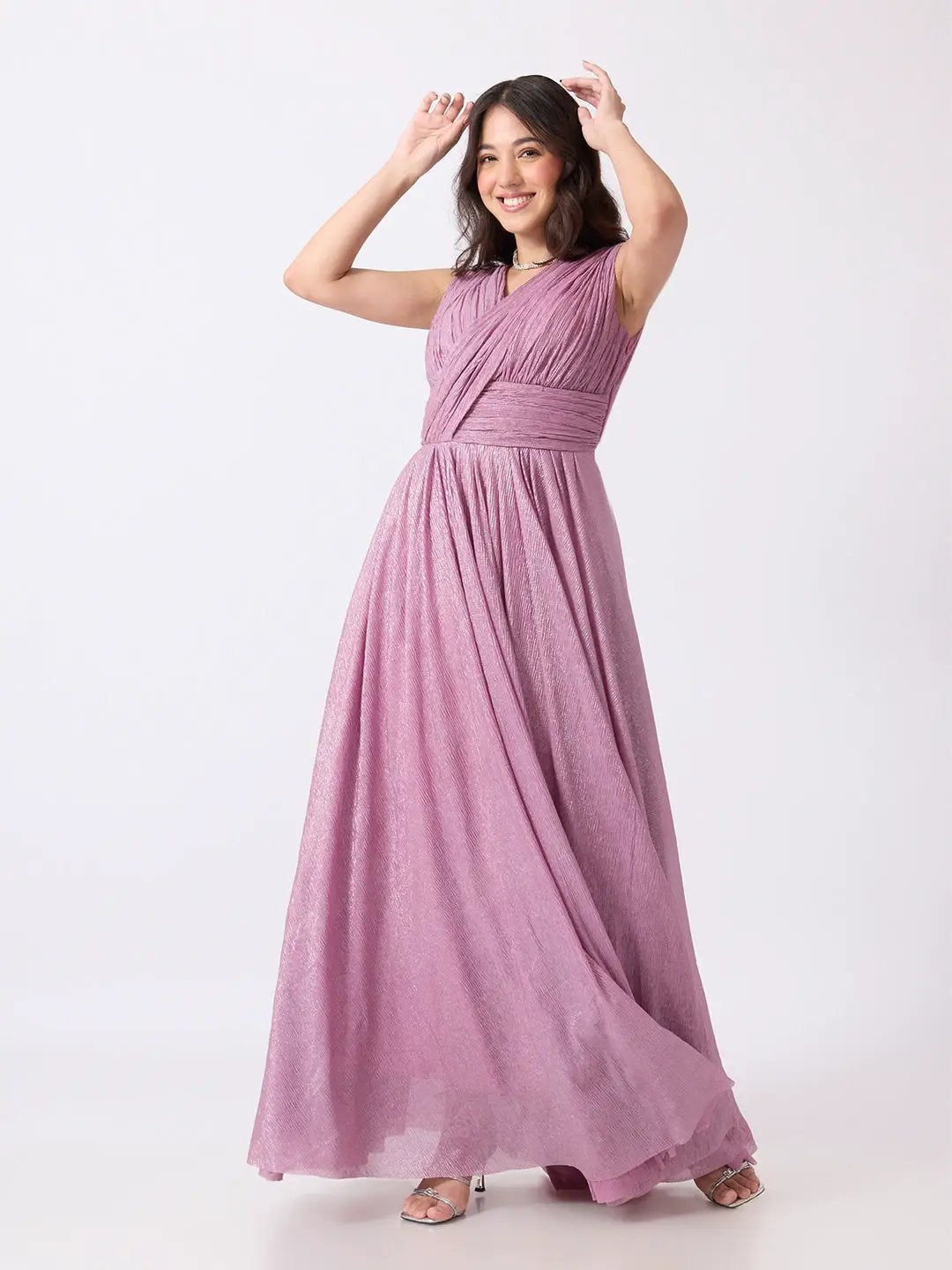 Women's Pink Pleated V Neck Sleeveless Maxi Gown with Draped Bodice & Wide Waistband
