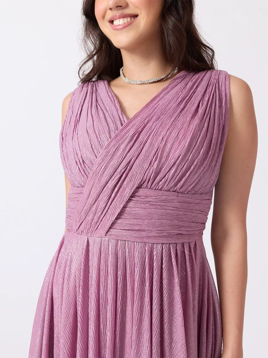 Women's Pink Pleated V Neck Sleeveless Maxi Gown with Draped Bodice & Wide Waistband