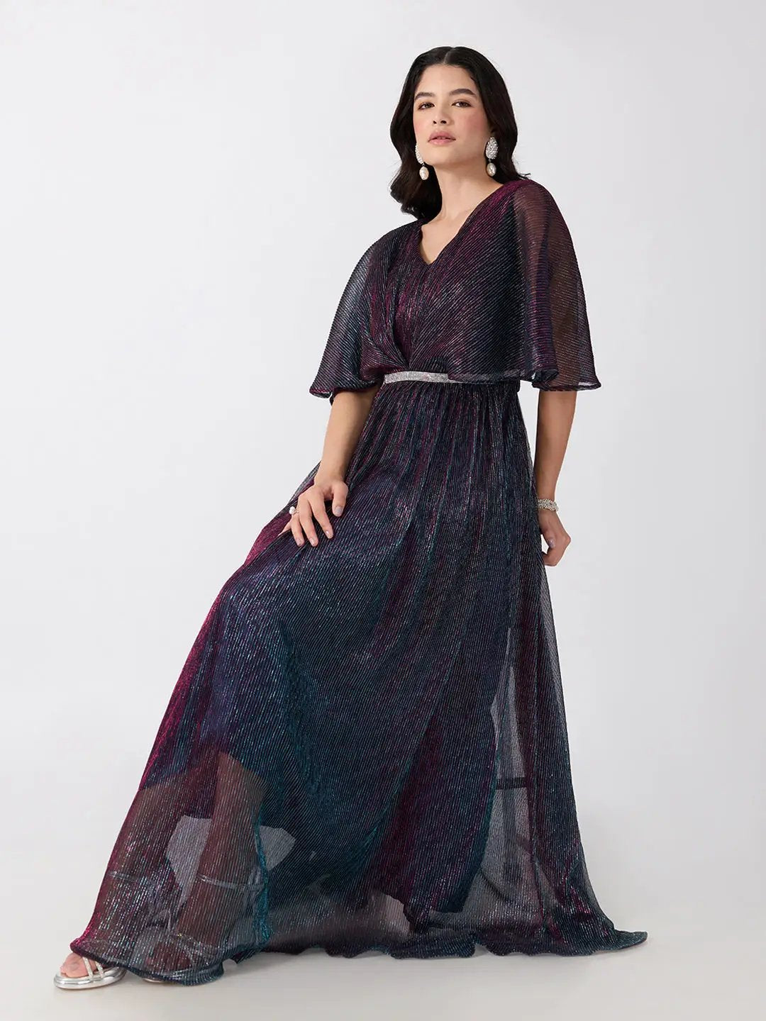 Women's Blue Flared Fit V Neck Maxi Gown with Embellished Waist